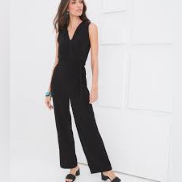 Chicos Black Elastic Waist Sleeveless Wide Leg Crossover V-neck Jumpsuit…